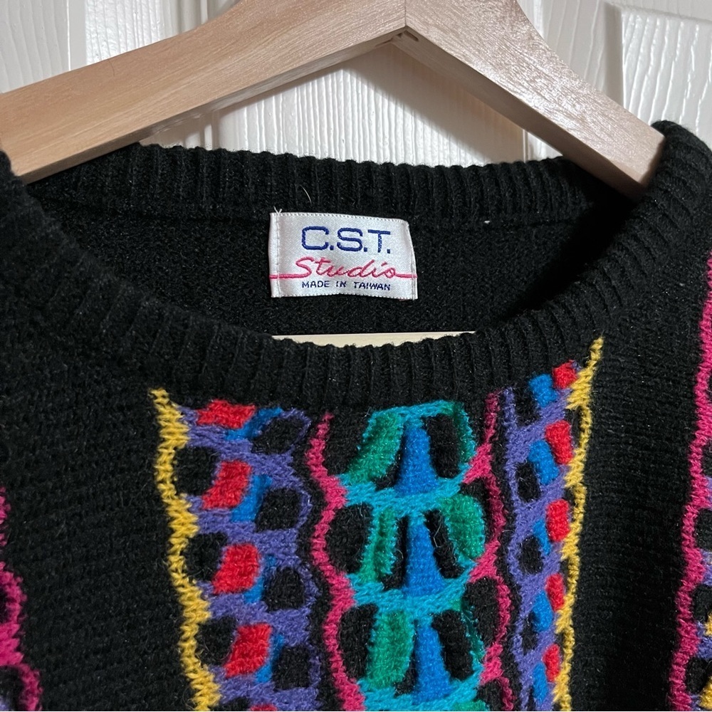 VTG C.S.T Studio Black Sleeveless Knit Sweater Vest Vertical Designs 80 90 Sz S - Picture 3 of 4